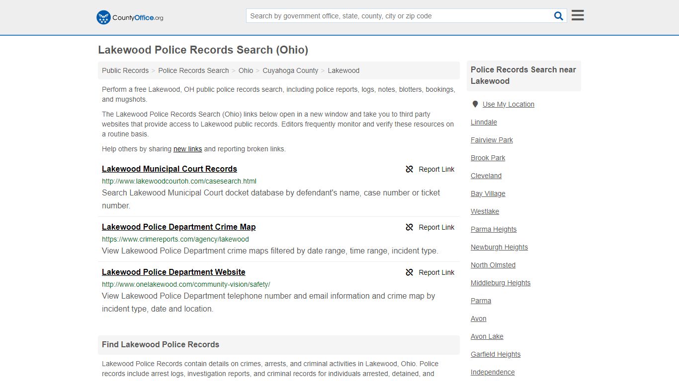 Lakewood Police Records Search (Ohio) - County Office